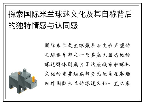 探索国际米兰球迷文化及其自称背后的独特情感与认同感